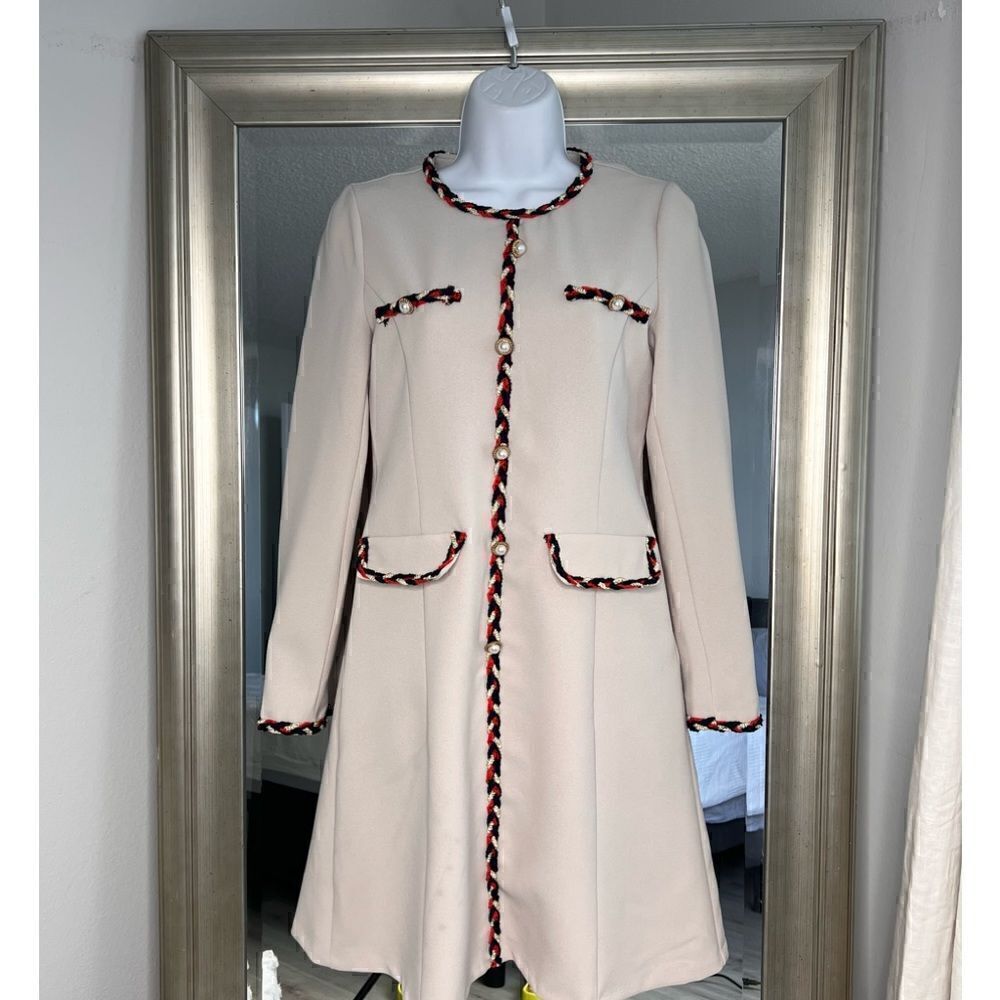 Korean A-Line Mini Length Dress Color Beige Threads Color Red Blue, Size S.